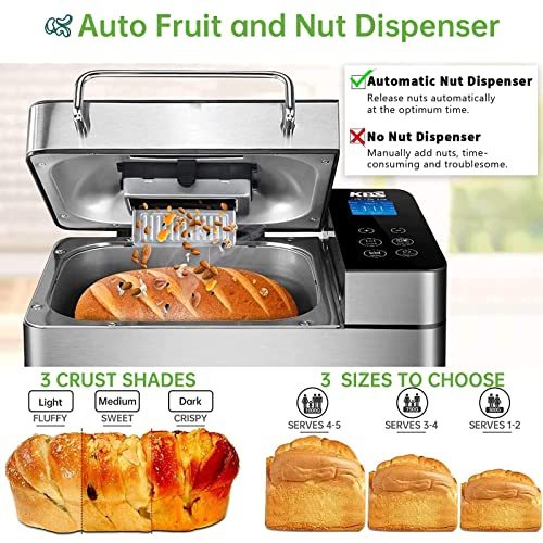 KBS Large 17-in-1 Bread Machine, 2LB Stainless Steel, Auto Fruit Nut Dispenser