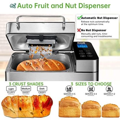 KBS Large 17-in-1 Bread Machine, 2LB Stainless Steel, Auto Fruit Nut Dispenser