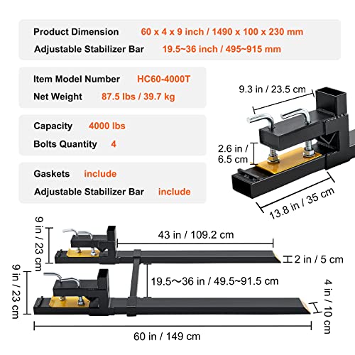 VEVOR 60" 4000 lbs Heavy Duty Pallet Forks with Adjustable Stabilizer Bar