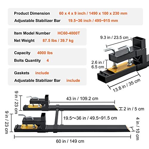 VEVOR 60" 4000 lbs Heavy Duty Pallet Forks with Adjustable Stabilizer Bar