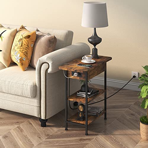 LIDYUK End Table with Charging Station, Flip Top Side Table with USB Ports and Outlets