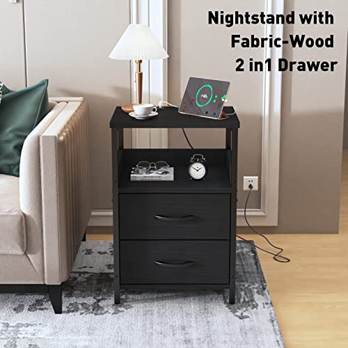 KHLJJU End Table with Charging Station, Nightstand with Fabric Drawer