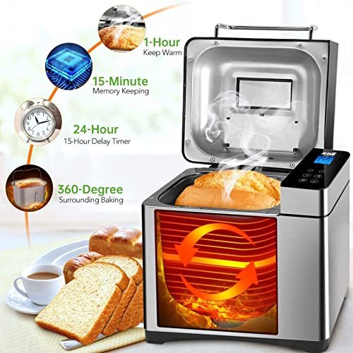 KBS Large 17-in-1 Bread Machine, 2LB Stainless Steel, Auto Fruit Nut Dispenser