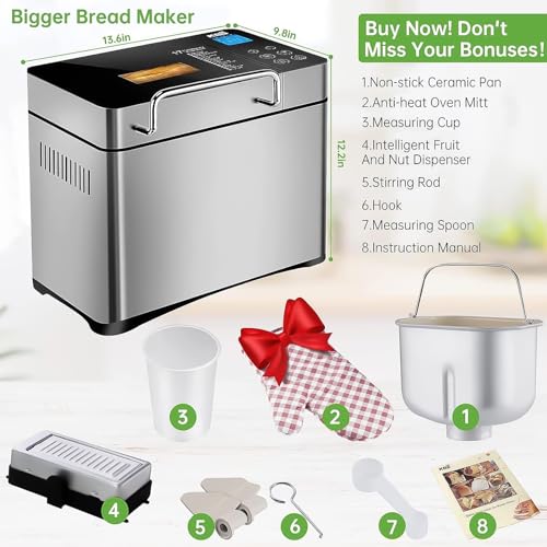 KBS Large 17-in-1 Bread Machine, 2LB Stainless Steel, Auto Fruit Nut Dispenser