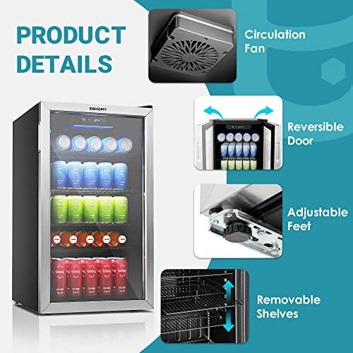 EUHOMY Beverage Refrigerator, 126 Can Mini fridge with Glass Door