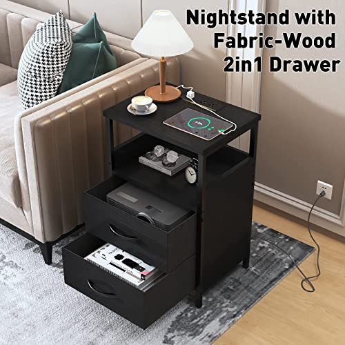 KHLJJU End Table with Charging Station, Nightstand with Fabric Drawer