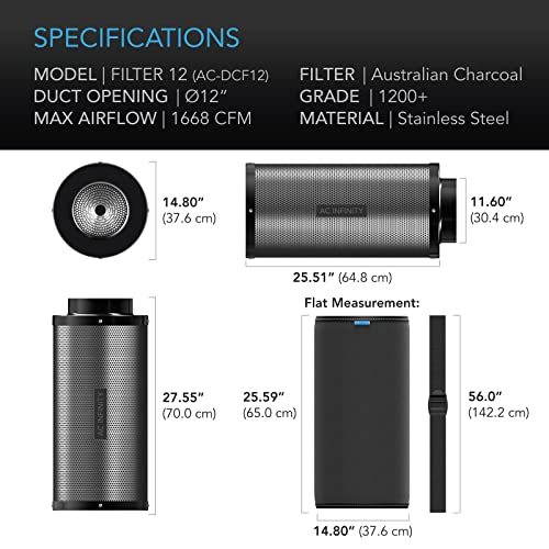 AC Infinity Air Carbon Filter 12" with Premium Australian Virgin Charcoal, for Inline Duct Fan