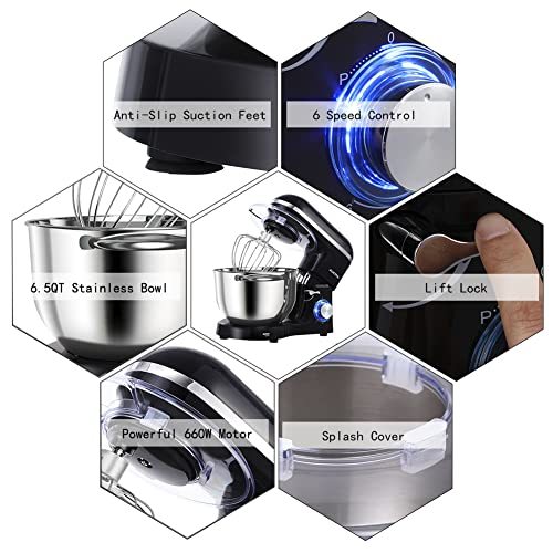 Aucma Stand Mixer, 6.5-QT 660W 6-Speed Tilt-Head Food Mixer, Kitchen Electric Mixer