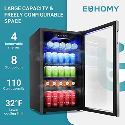 EUHOMY Beverage Refrigerator, 126 Can Mini fridge with Glass Door