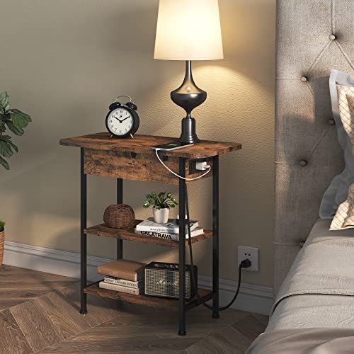 LIDYUK End Table with Charging Station, Flip Top Side Table with USB Ports and Outlets
