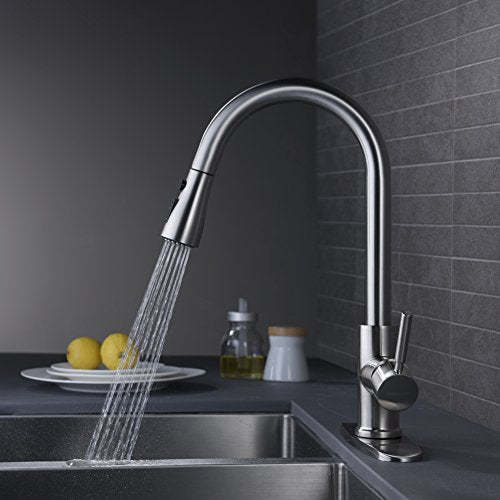 WEWE Single Handle High Arc Brushed Nickel Pull Out Kitchen Faucet, Single Level