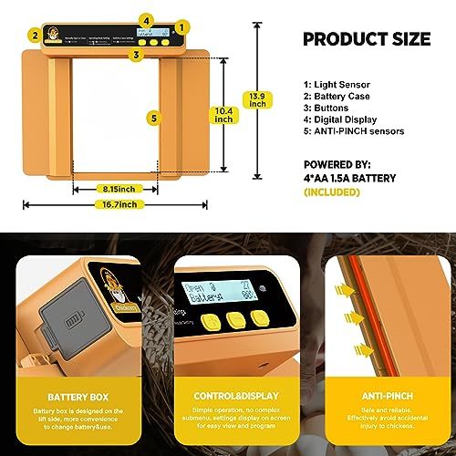 Chickcozy Automatic Chicken Coop Door Opener with Timer, Programmable Light Sensor, Battery Powered LCD Screen