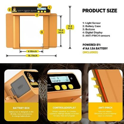 Chickcozy Automatic Chicken Coop Door Opener with Timer, Programmable Light Sensor, Battery Powered LCD Screen