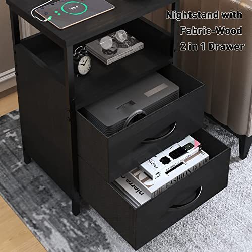 KHLJJU End Table with Charging Station, Nightstand with Fabric Drawer