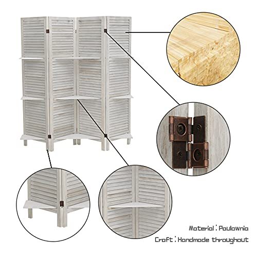 ECOMEX Room Divider 4 Panel, White with Shelves, Wall Dividers and Folding Privacy Screens