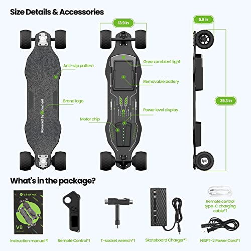 isinwheel V8 Electric Skateboard with Remote, 1200W Brushless Motor, IP54 Waterproof, Electric Longboard