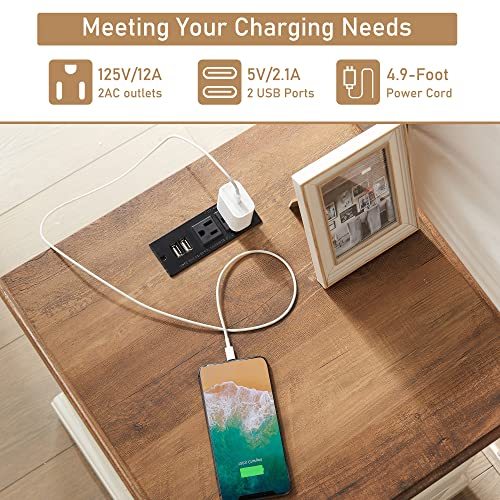 T4TREAM Nightstand with Charging Station, 18 Inch Vintage End Table with 2 Drawers
