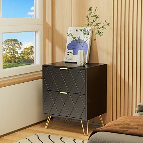 Anbuy Black Nightstand with Gold Handle, End Side Table with 2 Drawers