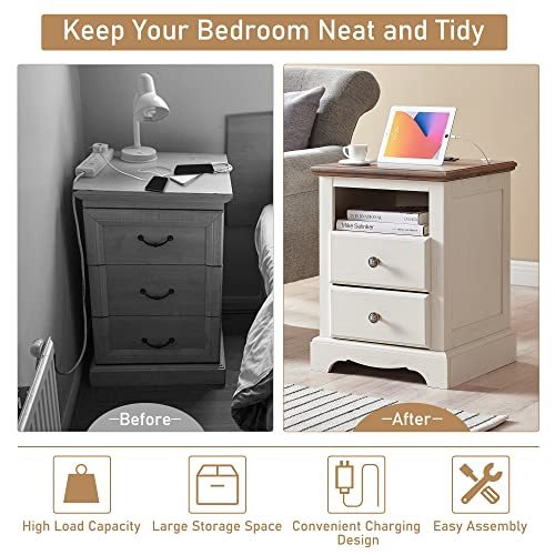 T4TREAM Nightstand with Charging Station, 18 Inch Vintage End Table with 2 Drawers