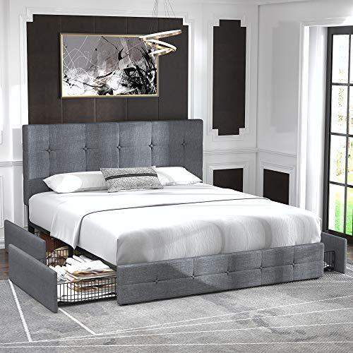 Allewie Upholstered Queen Size Platform Bed Frame with 4 Storage Drawers and Headboard