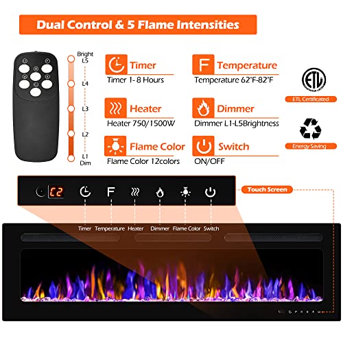 BETELNUT 50" Electric Fireplace Wall Mounted and Recessed with Remote Control