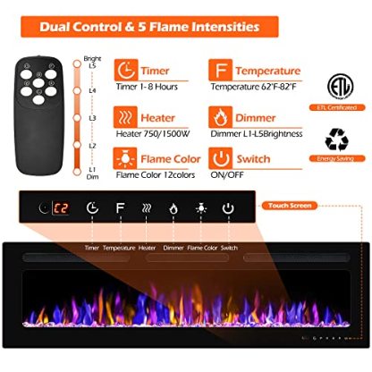 BETELNUT 50" Electric Fireplace Wall Mounted and Recessed with Remote Control