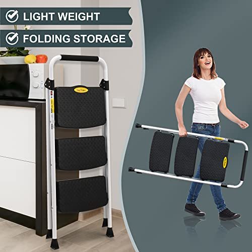 SocTone 3 Step Ladder, Folding Step Stool for Adults with Handle, Lightweight