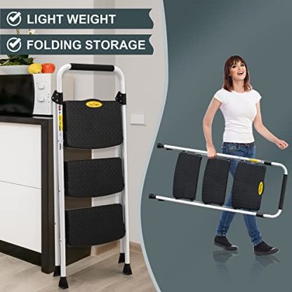 SocTone 3 Step Ladder, Folding Step Stool for Adults with Handle, Lightweight