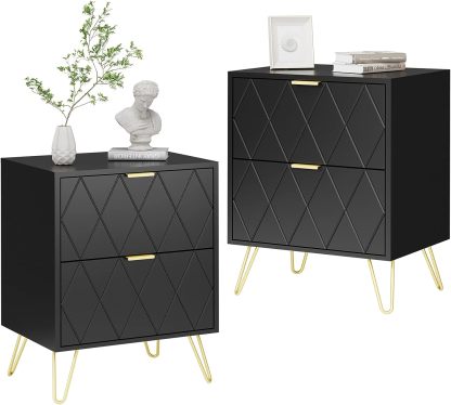 Anbuy Black Nightstand with Gold Handle, End Side Table with 2 Drawers