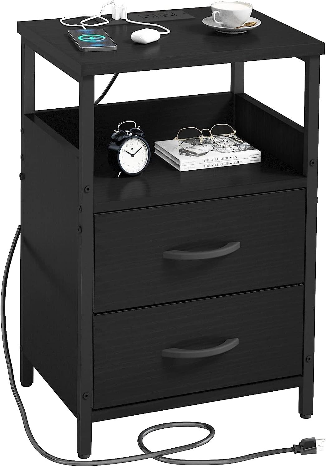 KHLJJU End Table with Charging Station, Nightstand with Fabric Drawer