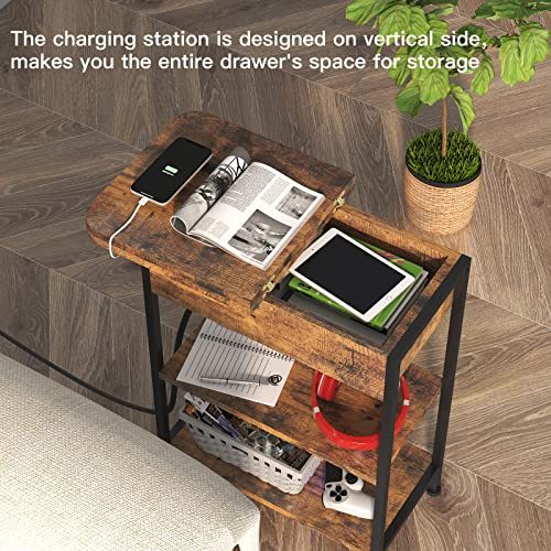 LIDYUK End Table with Charging Station, Flip Top Side Table with USB Ports and Outlets