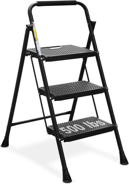 HBTower 3 Step Ladder, Folding Step Stool with Wide Anti-Slip Pedal, 500lbs