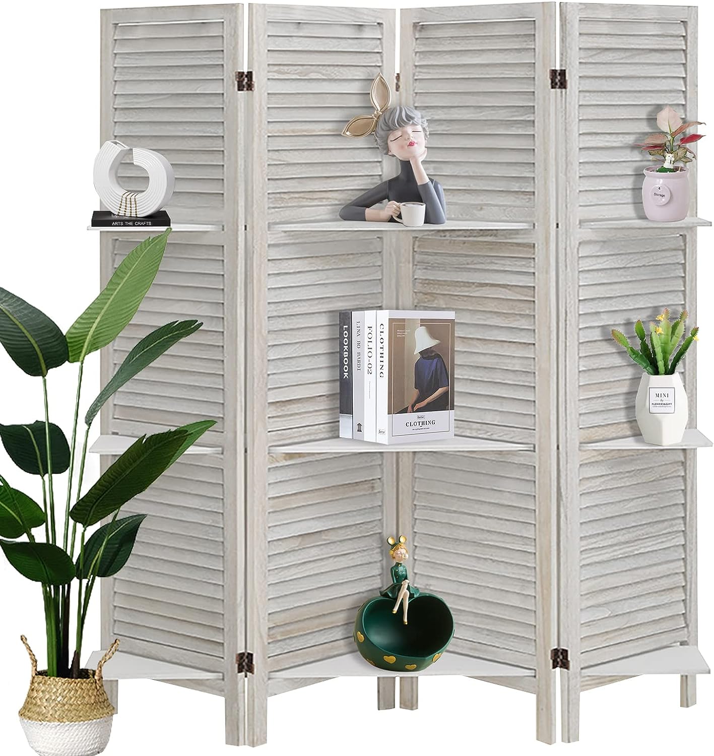 ECOMEX Room Divider 4 Panel, White with Shelves, Wall Dividers and Folding Privacy Screens