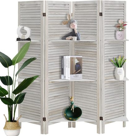 ECOMEX Room Divider 4 Panel, White with Shelves, Wall Dividers and Folding Privacy Screens