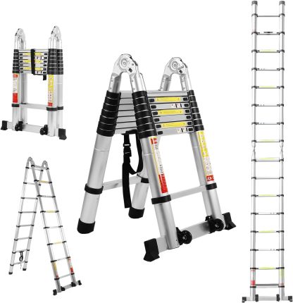 BOWEITI Telescoping Extension Ladder, 16.5FT Telescoping A Frame Ladder with Balance Bar