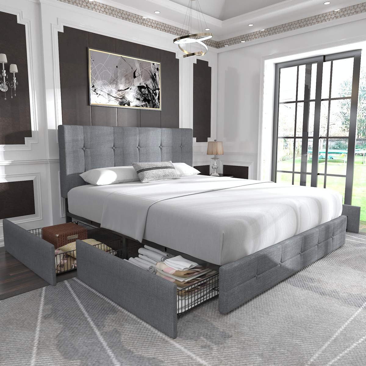 Allewie Upholstered Queen Size Platform Bed Frame with 4 Storage Drawers and Headboard