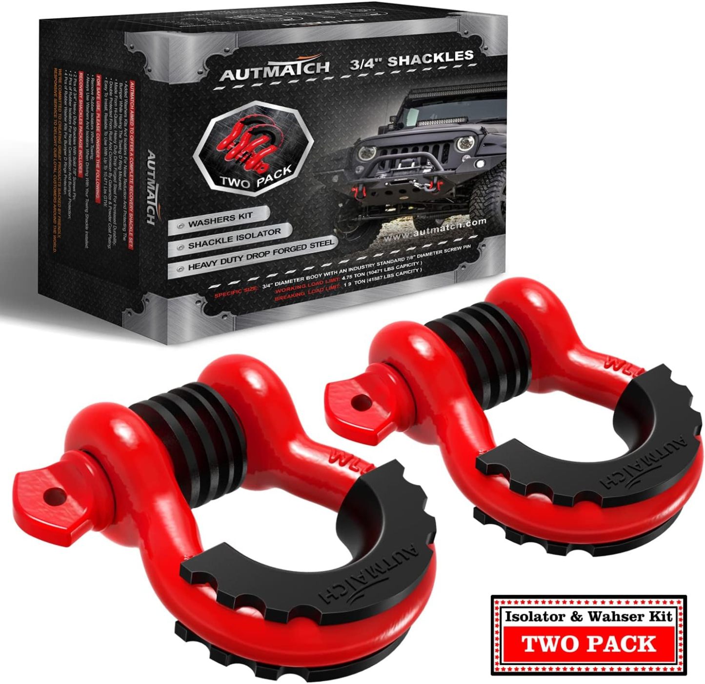 AUTMATCH D Ring Shackle 3/4" Shackles (2 Pack) 41,887Ibs Break Strength with 7/8" Screw Pin