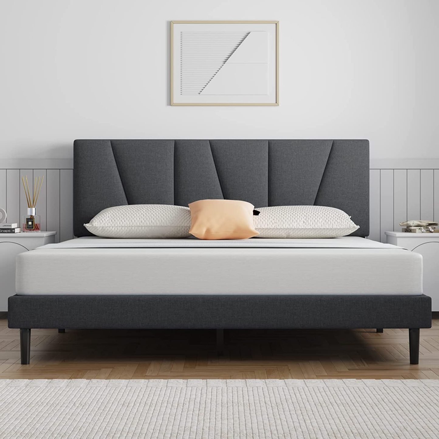 Molblly Queen Bed Frame Upholstered Platform with Headboard and Strong Wooden Slats