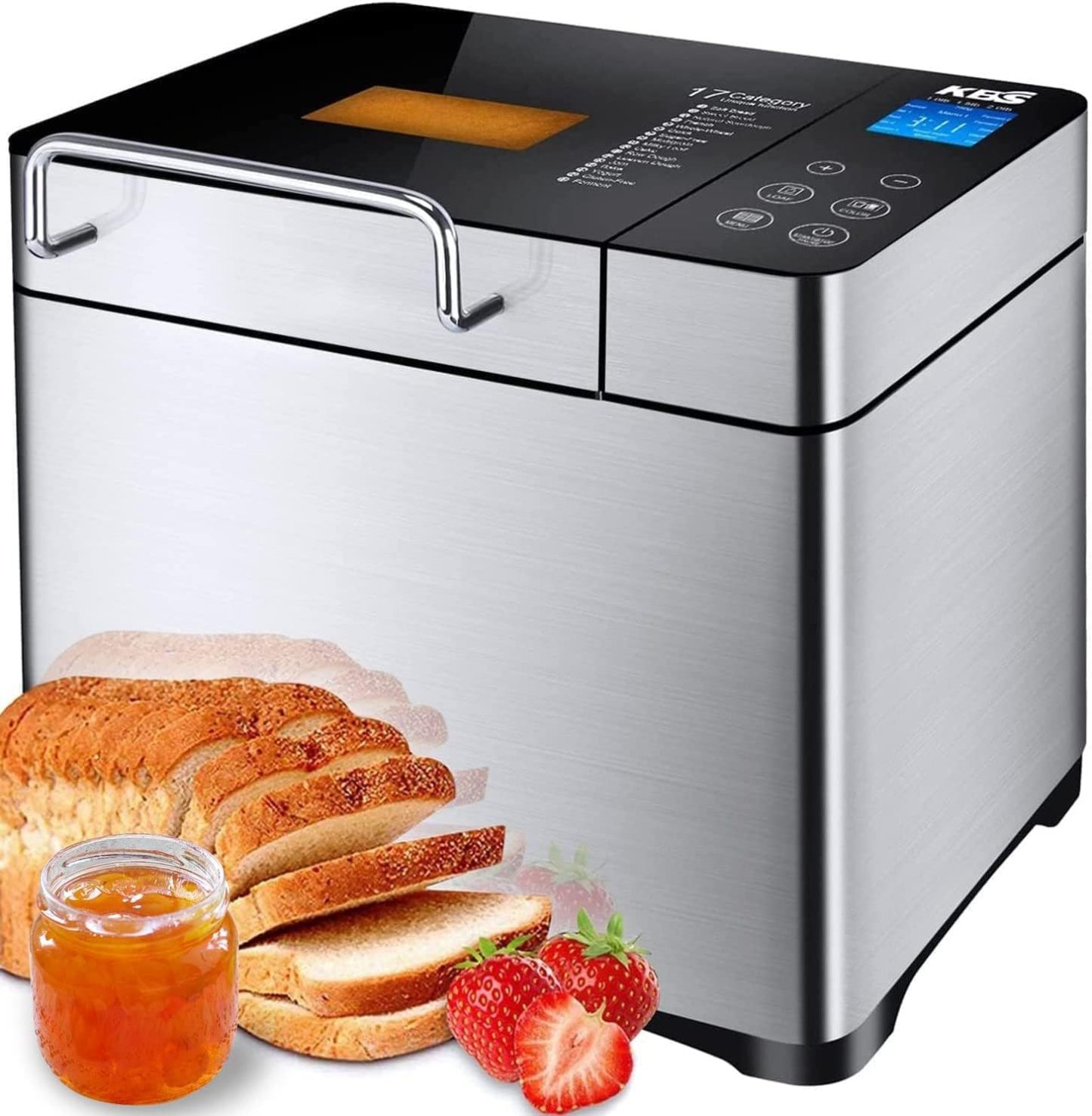 KBS Large 17-in-1 Bread Machine, 2LB Stainless Steel, Auto Fruit Nut Dispenser