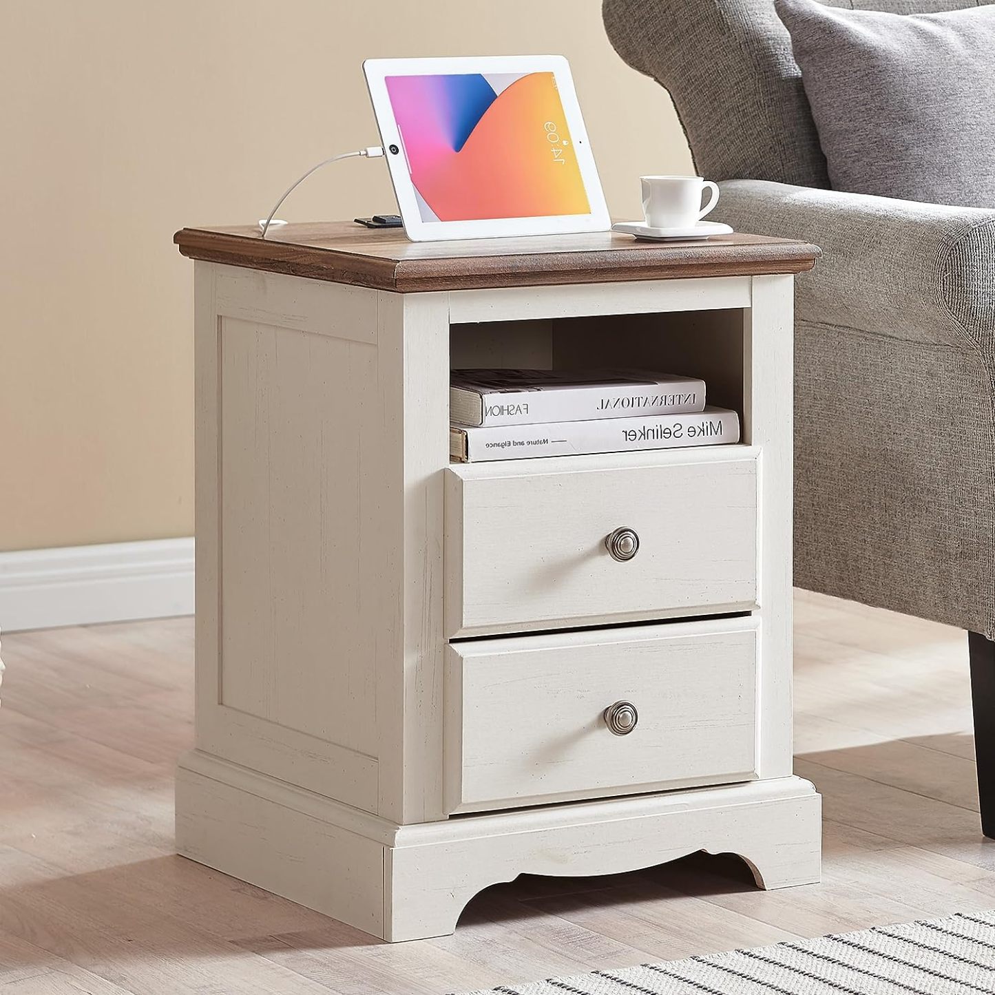 T4TREAM Nightstand with Charging Station, 18 Inch Vintage End Table with 2 Drawers