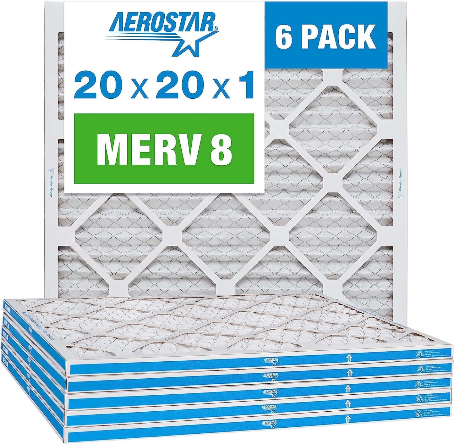 Aerostar 20x20x1 MERV 8 Pleated Air Filter, AC Furnace Air Filter, 6 Pack