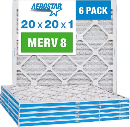 Aerostar 20x20x1 MERV 8 Pleated Air Filter, AC Furnace Air Filter, 6 Pack