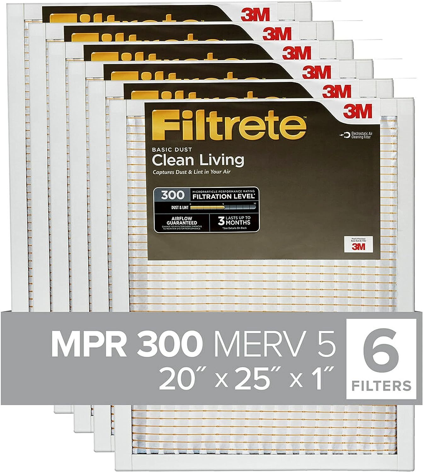 Filtrete 20x25x1 Air Filter, MPR 300, MERV 5, Clean Living Basic Dust 3-Month Pleated