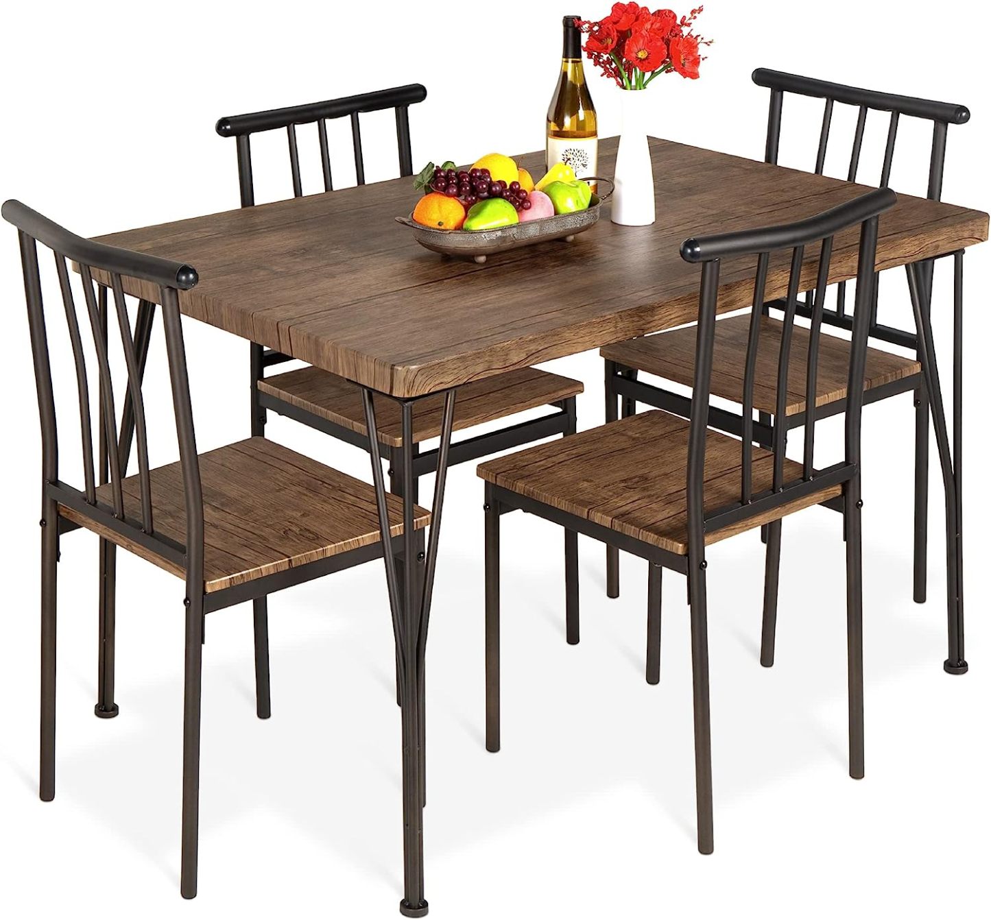 5-Piece Metal and Wood Indoor Modern Rectangular Dining Table Furniture Set for Kitchen, Dining Room