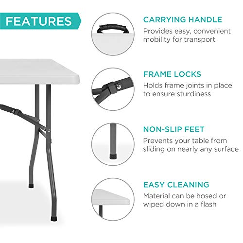6ft Plastic Folding Table, Indoor Outdoor Heavy Duty Portable w/Handle, Lock for Picnic