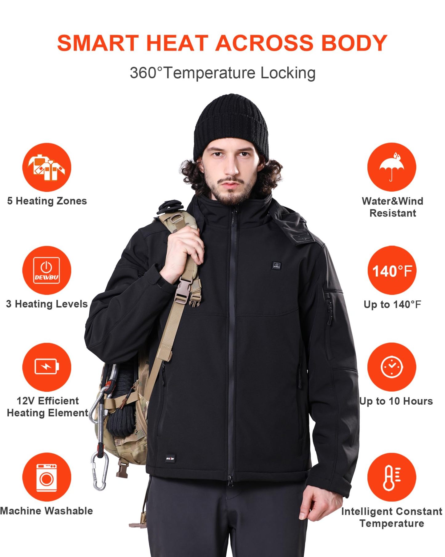 DEWBU Soft Shell Heated Jacket for Men with 12V Battery Pack and Detachable Hood Outdoor Electric Heating Coat, L