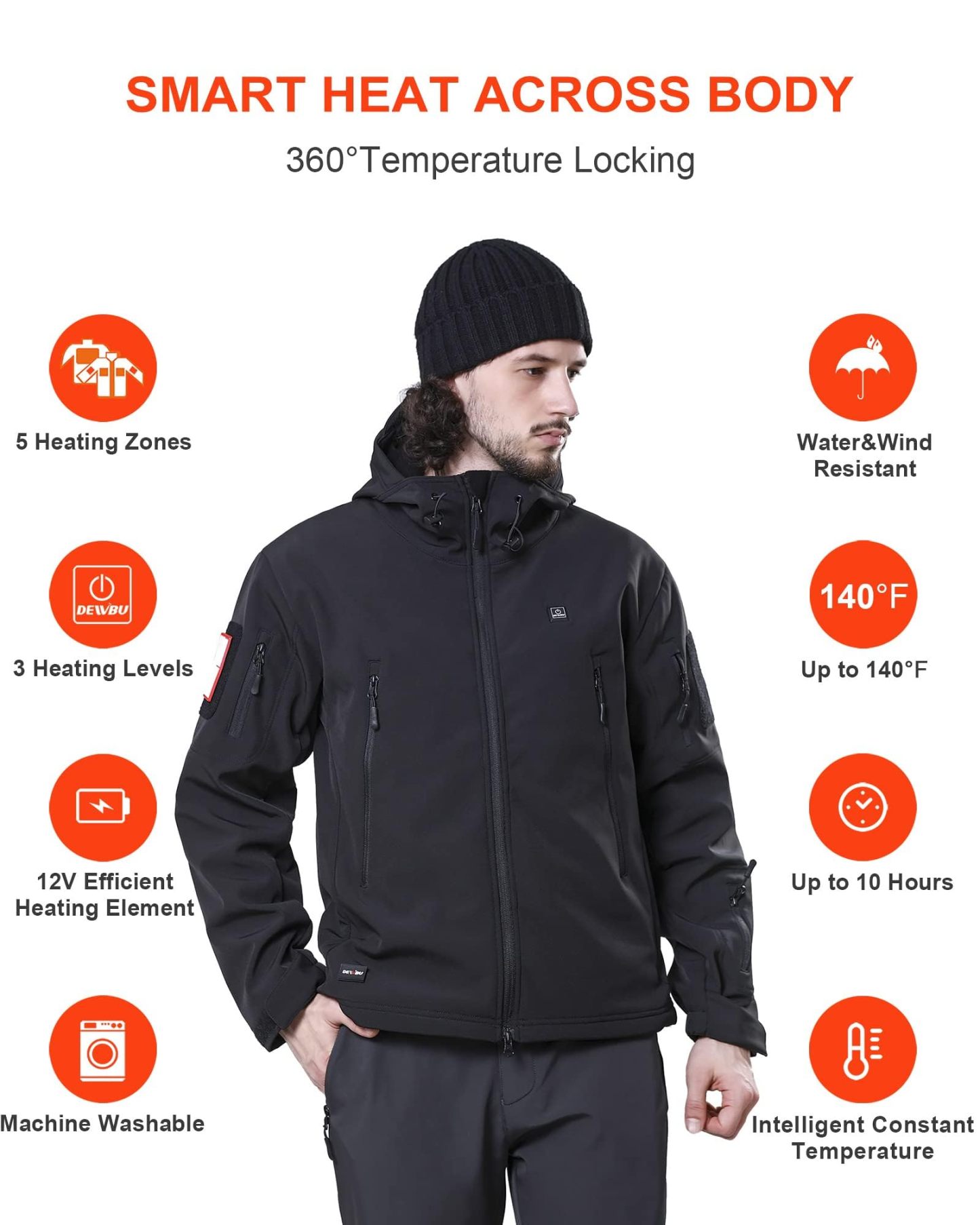 DEWBU Heated Jacket for Men with 12V Battery Pack Winter Outdoor Soft Shell Electric Heating Coat, XL