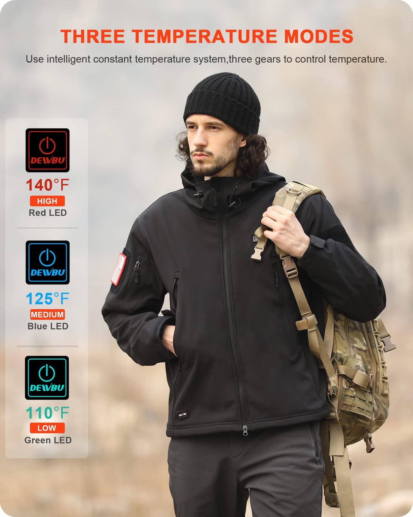 DEWBU Heated Jacket for Men with 12V Battery Pack Winter Outdoor Soft Shell Electric Heating Coat, XL