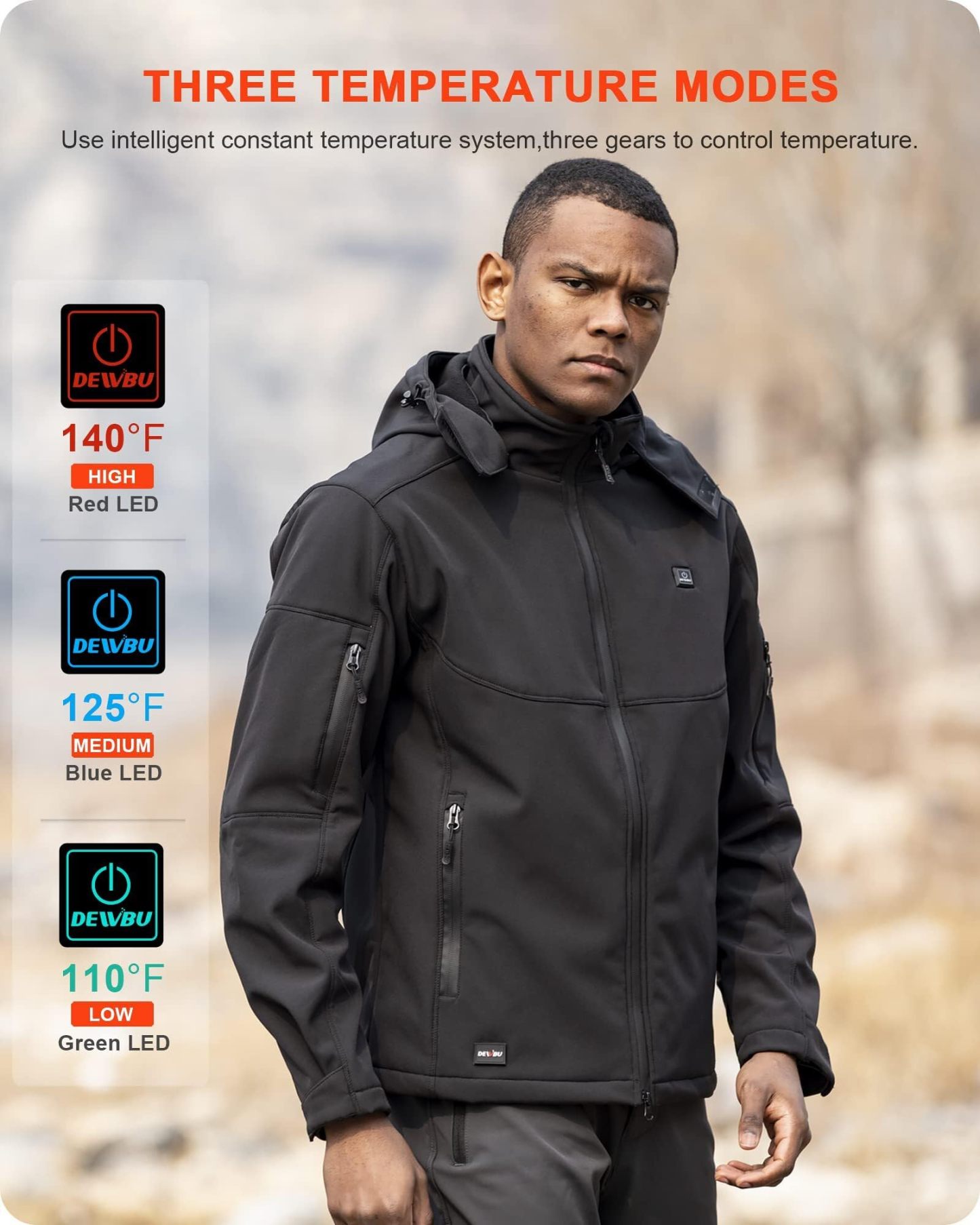 DEWBU Soft Shell Heated Jacket for Men with 12V Battery Pack and Detachable Hood Outdoor Electric Heating Coat, L