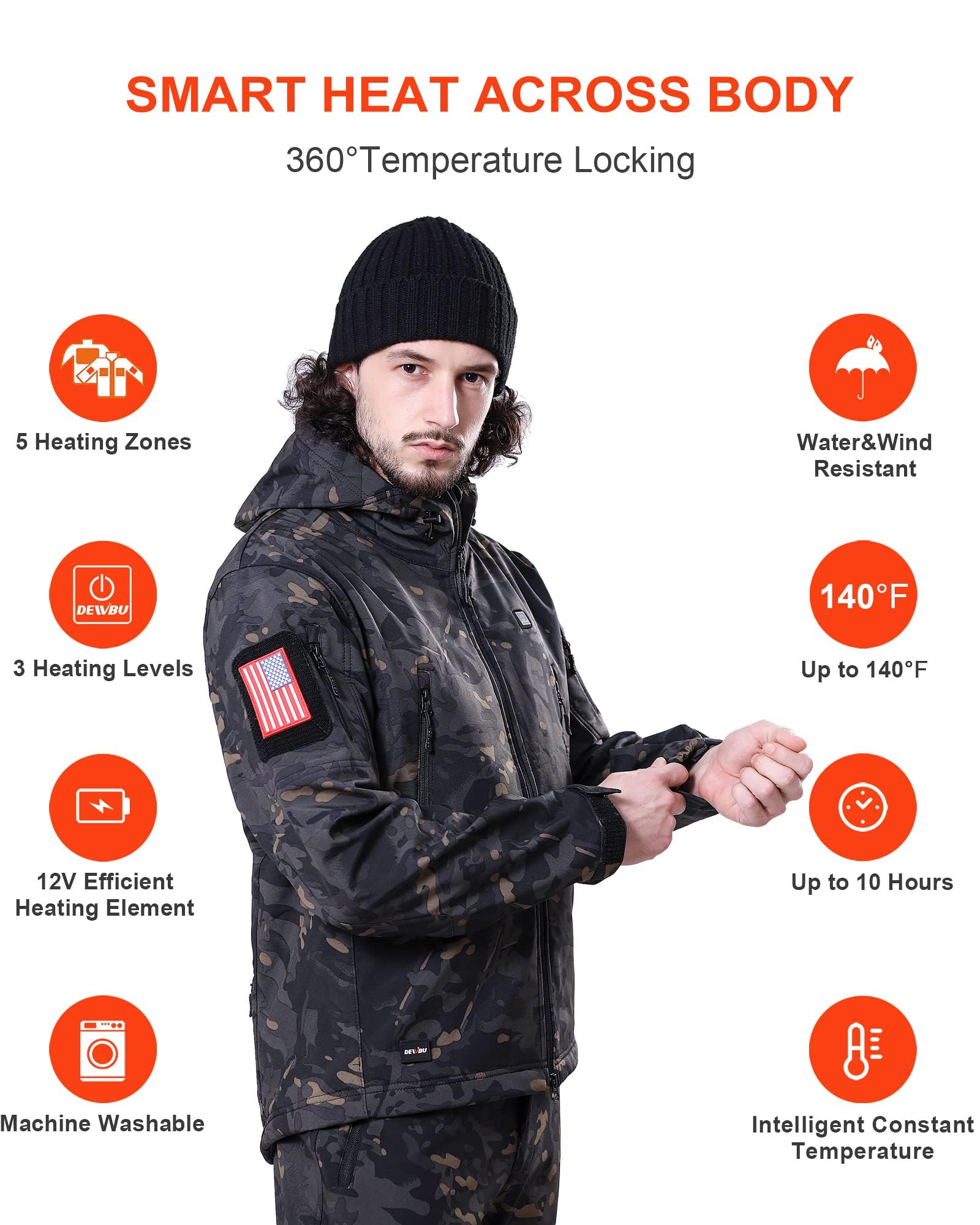 DEWBU Heated Jacket for Men with 12V Battery Pack Winter Outdoor Soft Shell Electric Heating Coat, XL